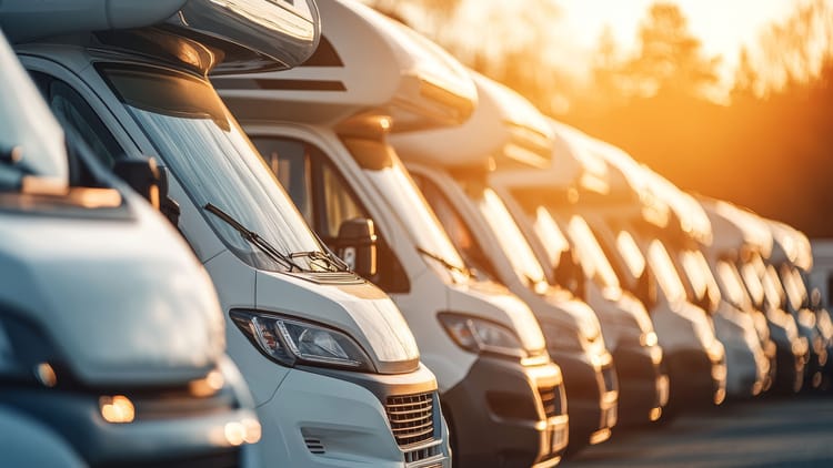 a row of RVs at an RV dealership to showcase the best time to buy an RV